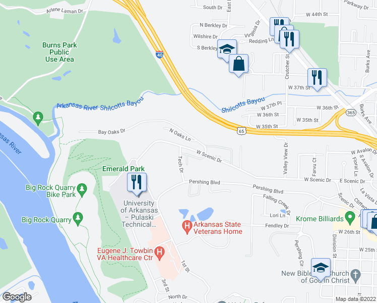 map of restaurants, bars, coffee shops, grocery stores, and more near 970 West Scenic Drive in North Little Rock