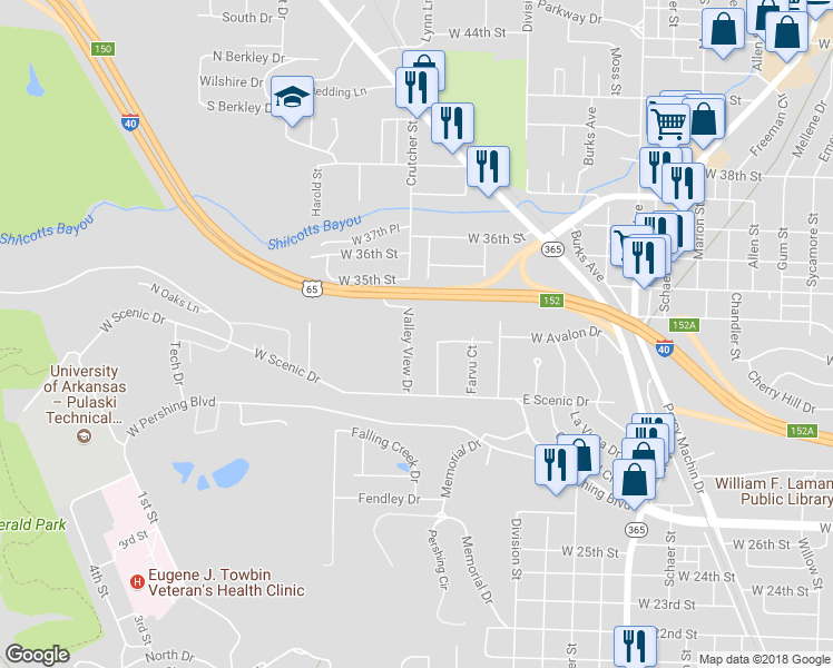 map of restaurants, bars, coffee shops, grocery stores, and more near 220 Valley View Drive in North Little Rock