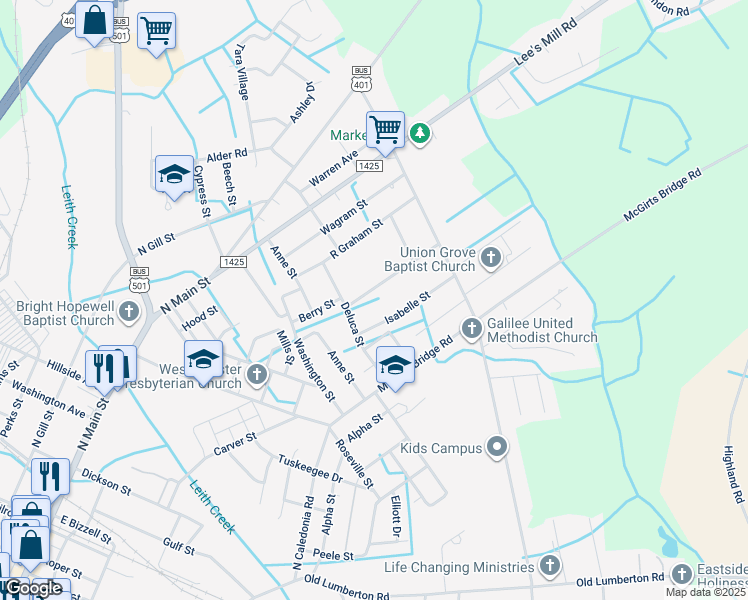 map of restaurants, bars, coffee shops, grocery stores, and more near 707 West Allen Lane in Laurinburg