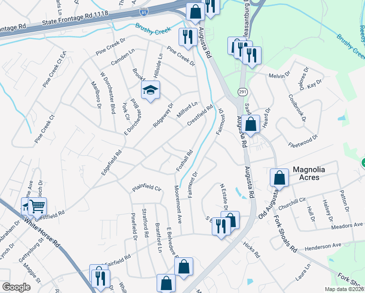 map of restaurants, bars, coffee shops, grocery stores, and more near 26 Foxhall Road in Greenville