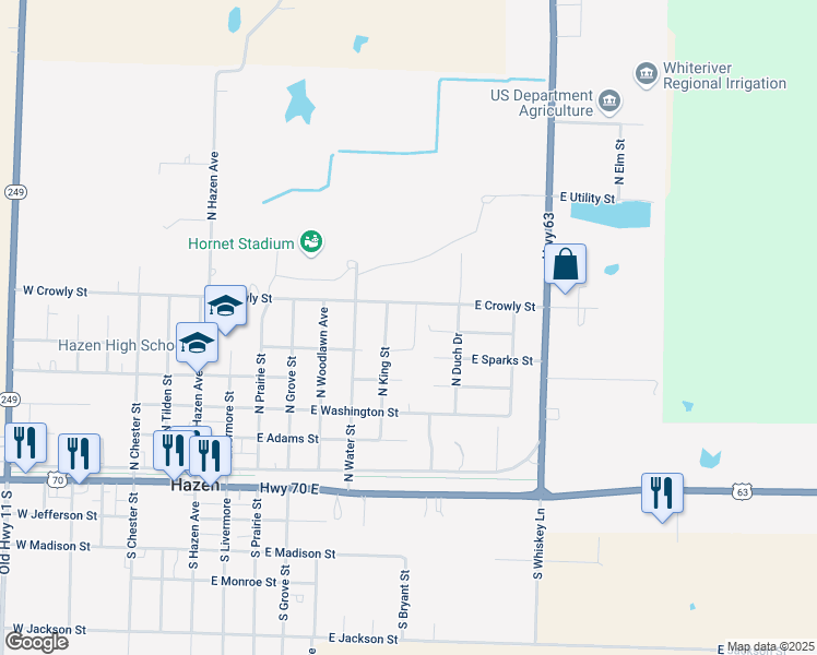 map of restaurants, bars, coffee shops, grocery stores, and more near 501 West King Street in Hazen
