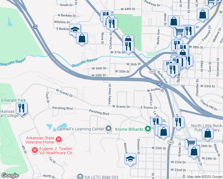 map of restaurants, bars, coffee shops, grocery stores, and more near 216 Martin Lane in North Little Rock