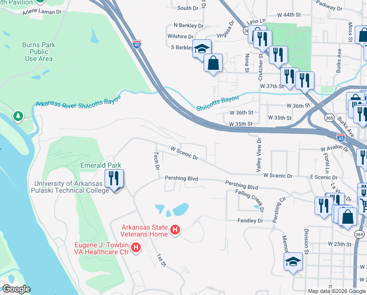 map of restaurants, bars, coffee shops, grocery stores, and more near 801 West Scenic Drive in North Little Rock