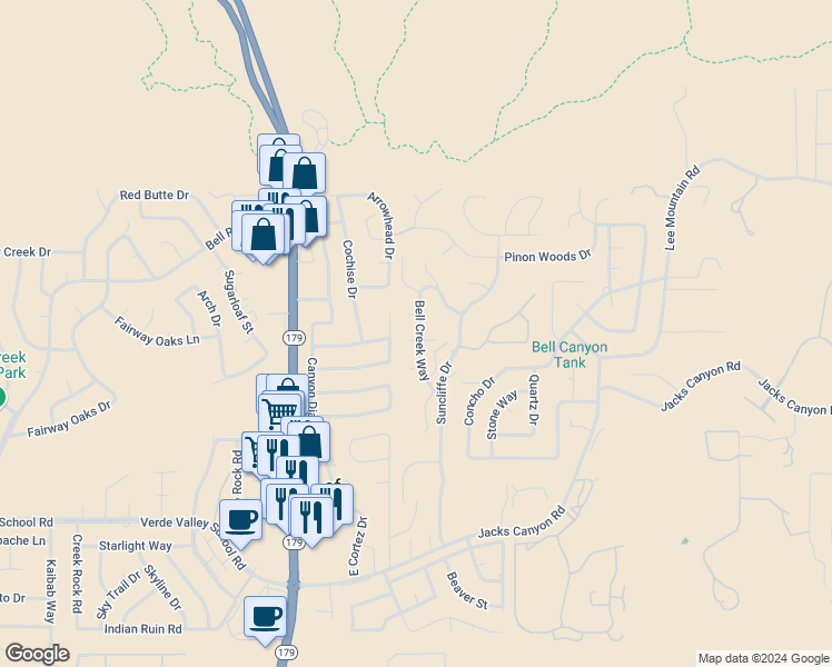 map of restaurants, bars, coffee shops, grocery stores, and more near 80 Rojo Vista Court in Sedona