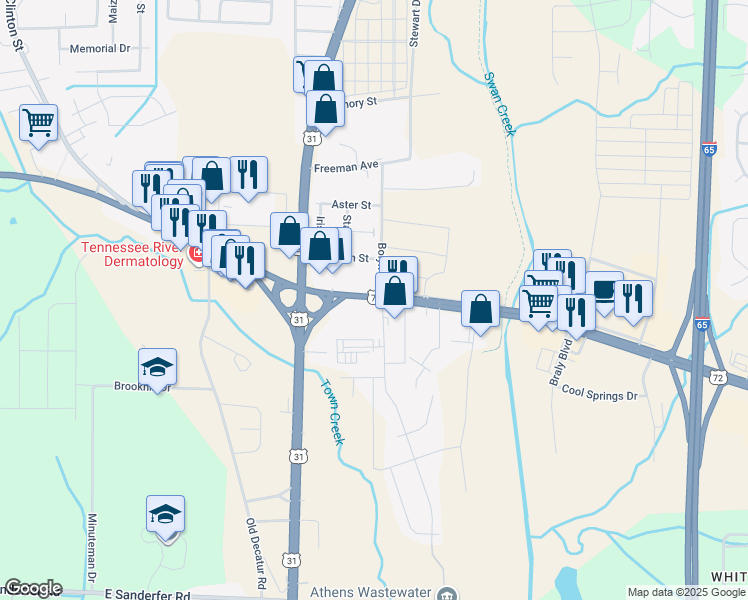 map of restaurants, bars, coffee shops, grocery stores, and more near 1036 U.S. 72 in Athens