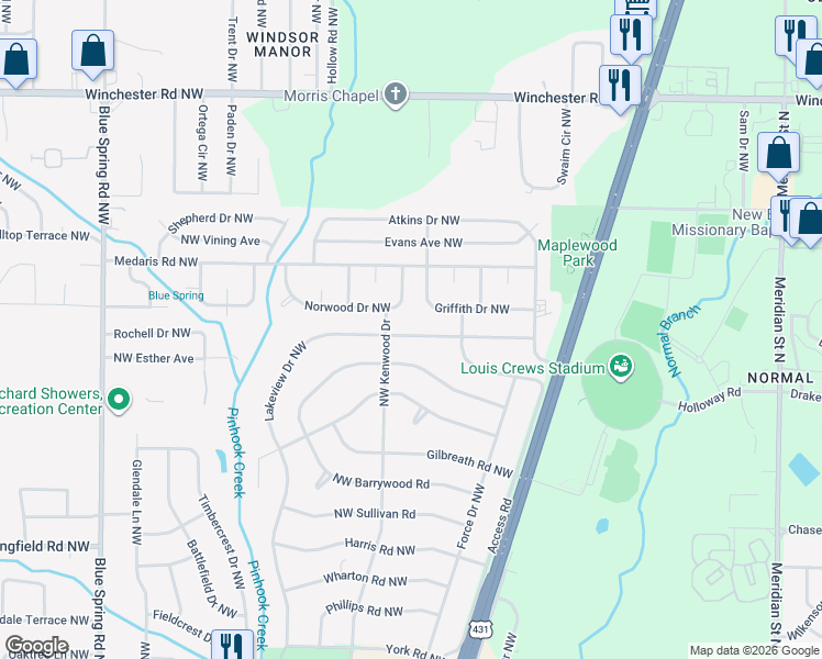 map of restaurants, bars, coffee shops, grocery stores, and more near 4508 Lakeview Drive Northwest in Huntsville