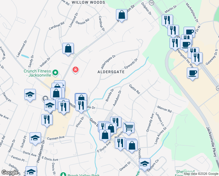 map of restaurants, bars, coffee shops, grocery stores, and more near 153 Brenda Drive in Jacksonville