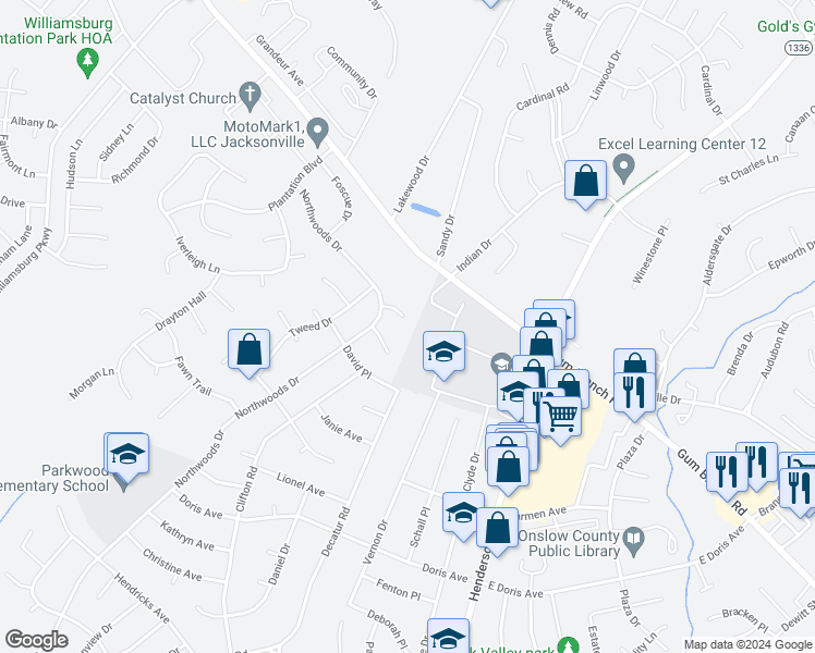 map of restaurants, bars, coffee shops, grocery stores, and more near 108 Gloria Place in Jacksonville