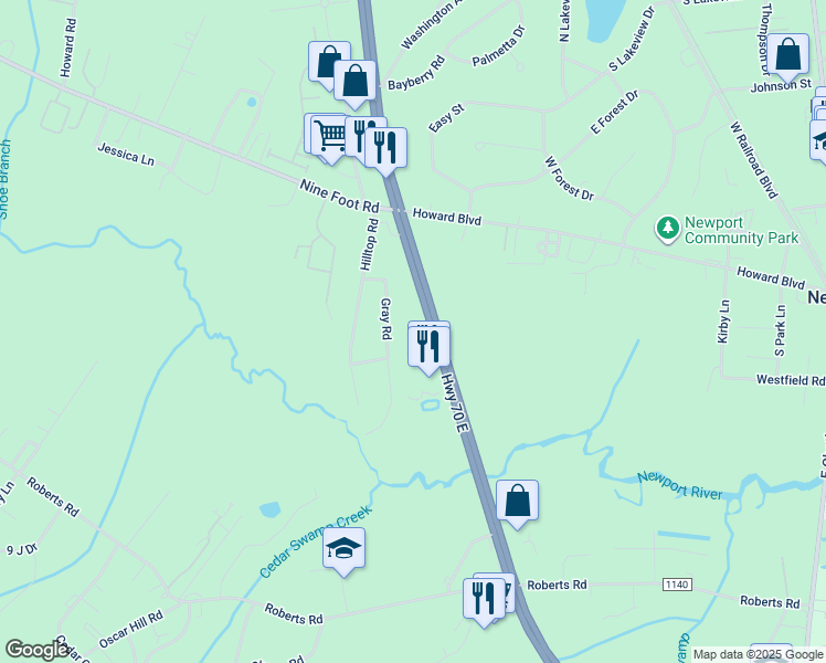 map of restaurants, bars, coffee shops, grocery stores, and more near 6955 U.S. 70 in Newport