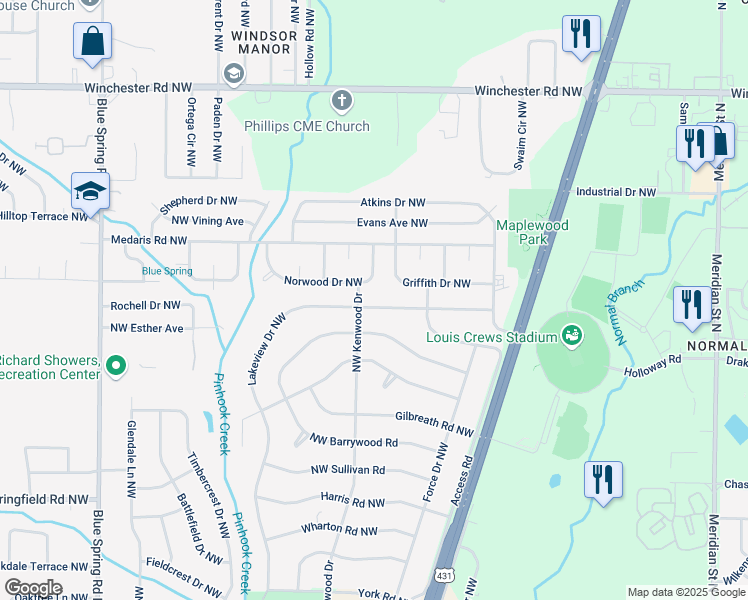 map of restaurants, bars, coffee shops, grocery stores, and more near 4503 Lakeview Drive in Huntsville