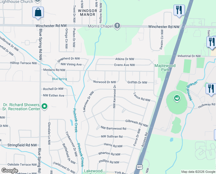 map of restaurants, bars, coffee shops, grocery stores, and more near 4408 Lakeview Drive Northwest in Huntsville