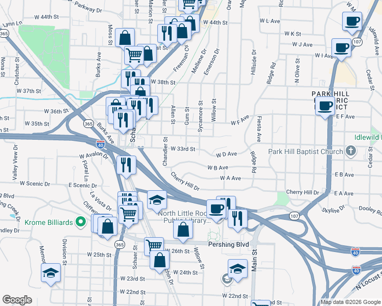 map of restaurants, bars, coffee shops, grocery stores, and more near 1005 West B Avenue in North Little Rock