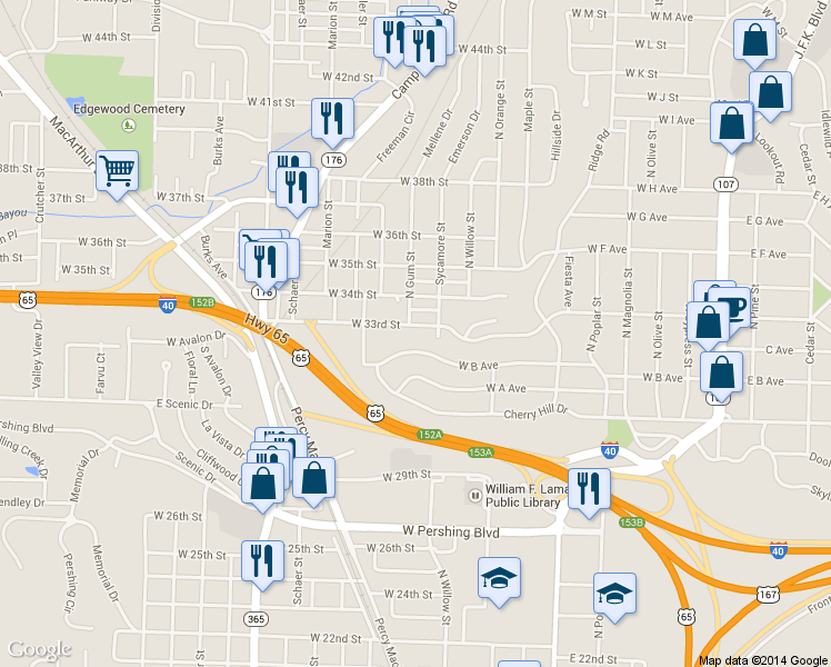 map of restaurants, bars, coffee shops, grocery stores, and more near 1005 West B Avenue in North Little Rock