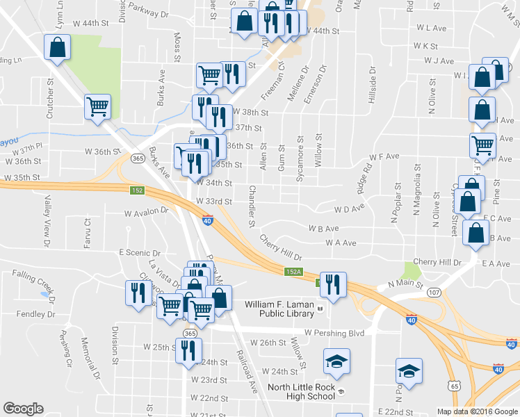 map of restaurants, bars, coffee shops, grocery stores, and more near 1100 Cherry Hill Drive in North Little Rock