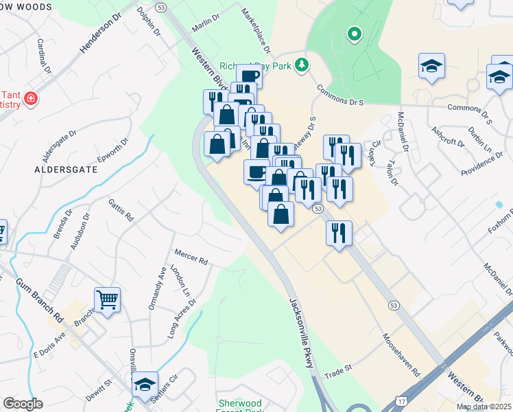 map of restaurants, bars, coffee shops, grocery stores, and more near 1395 Western Boulevard in Jacksonville