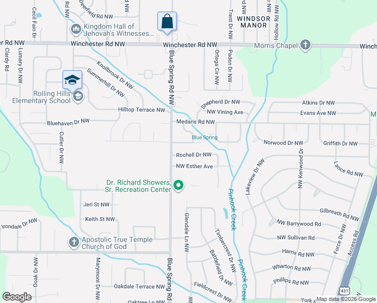 map of restaurants, bars, coffee shops, grocery stores, and more near 2511 Rochell Drive Northwest in Huntsville