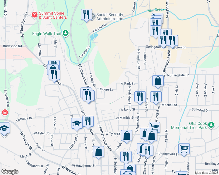 map of restaurants, bars, coffee shops, grocery stores, and more near 405 Moore Street in Dalton