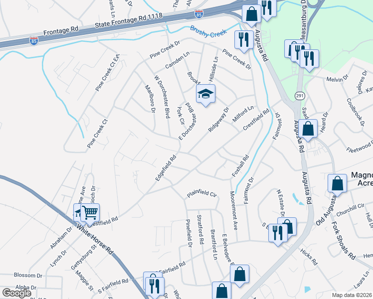 map of restaurants, bars, coffee shops, grocery stores, and more near 5 Glenwood Lane in Greenville