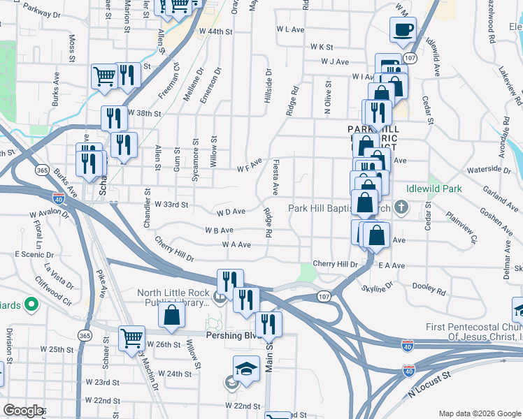 map of restaurants, bars, coffee shops, grocery stores, and more near 3306 Ridge Road in North Little Rock