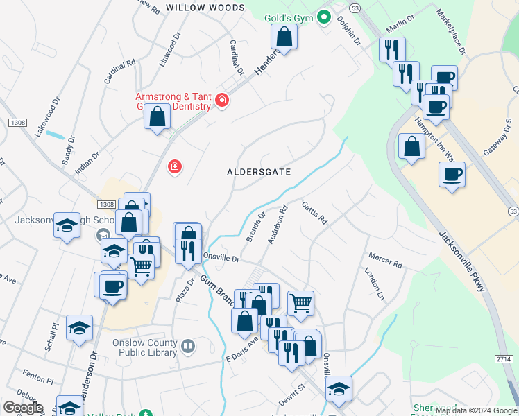 map of restaurants, bars, coffee shops, grocery stores, and more near 153 Brenda Drive in Jacksonville