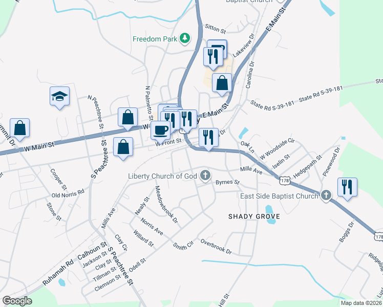 map of restaurants, bars, coffee shops, grocery stores, and more near 13 Lee Street in Liberty