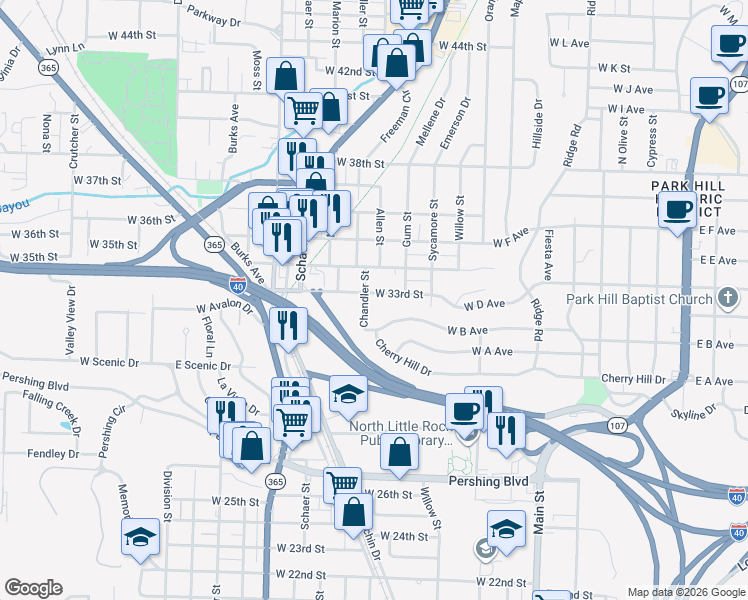 map of restaurants, bars, coffee shops, grocery stores, and more near 1100 Cherry Hill Drive in North Little Rock