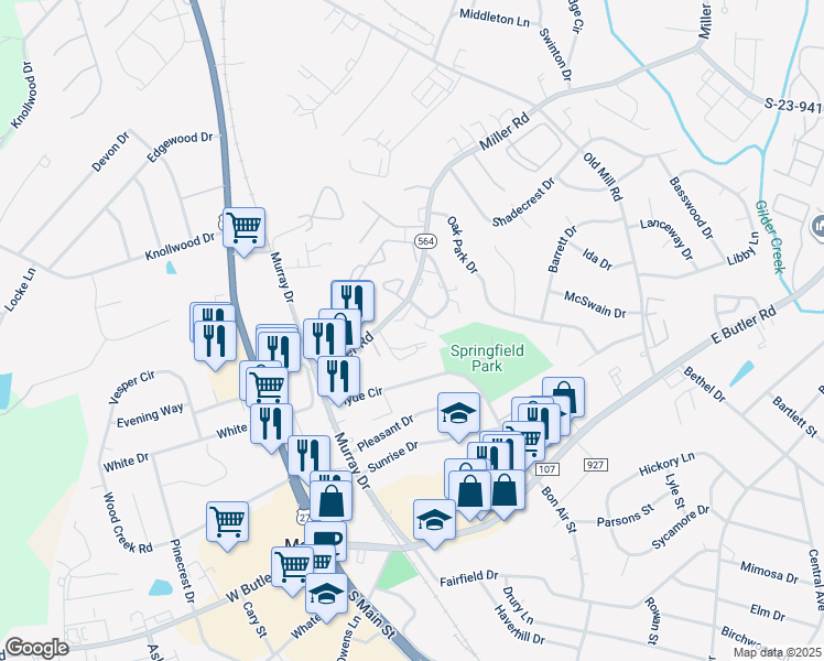 map of restaurants, bars, coffee shops, grocery stores, and more near 122 Miller Road in Mauldin