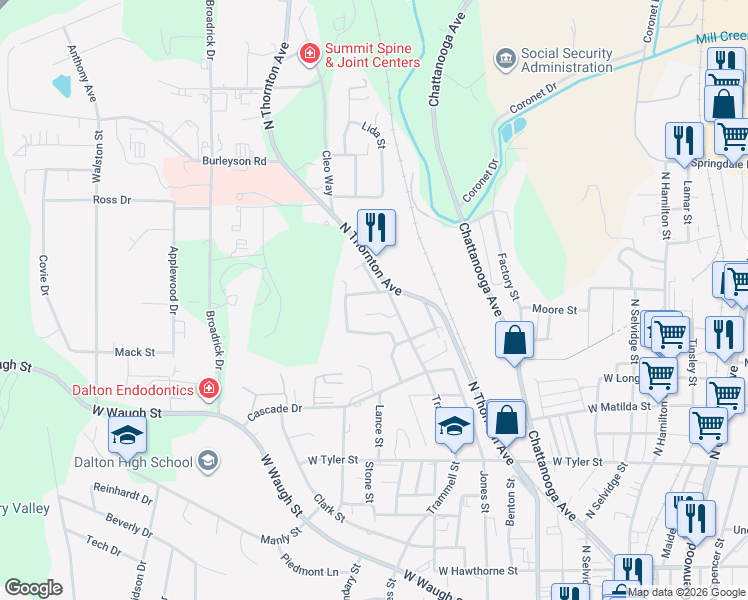 map of restaurants, bars, coffee shops, grocery stores, and more near 601 Main Street in Dalton