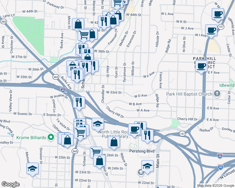map of restaurants, bars, coffee shops, grocery stores, and more near 1005 West B Avenue in North Little Rock