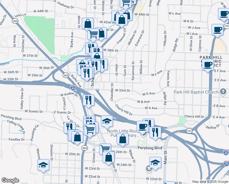 map of restaurants, bars, coffee shops, grocery stores, and more near 1100 Cherry Hill Drive in North Little Rock