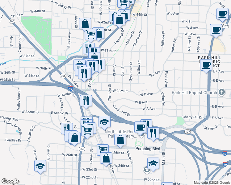 map of restaurants, bars, coffee shops, grocery stores, and more near 1100 Cherry Hill Drive in North Little Rock
