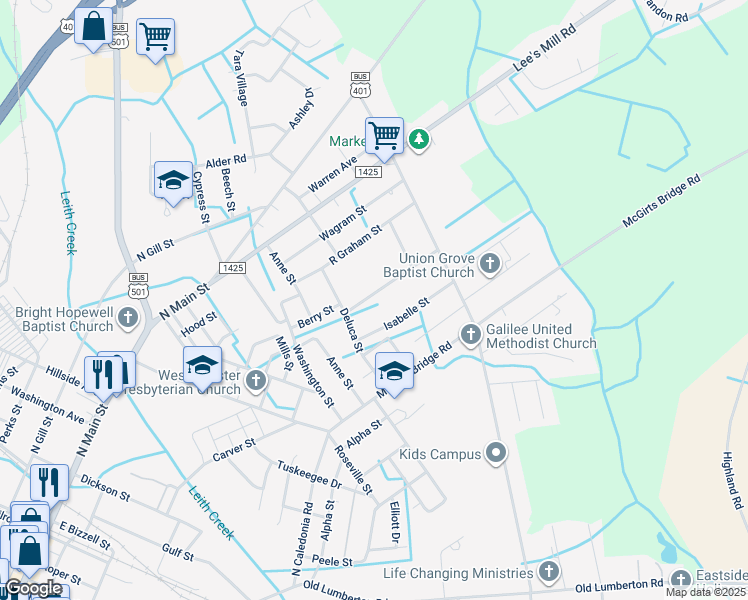 map of restaurants, bars, coffee shops, grocery stores, and more near 707 West Allen Lane in Laurinburg