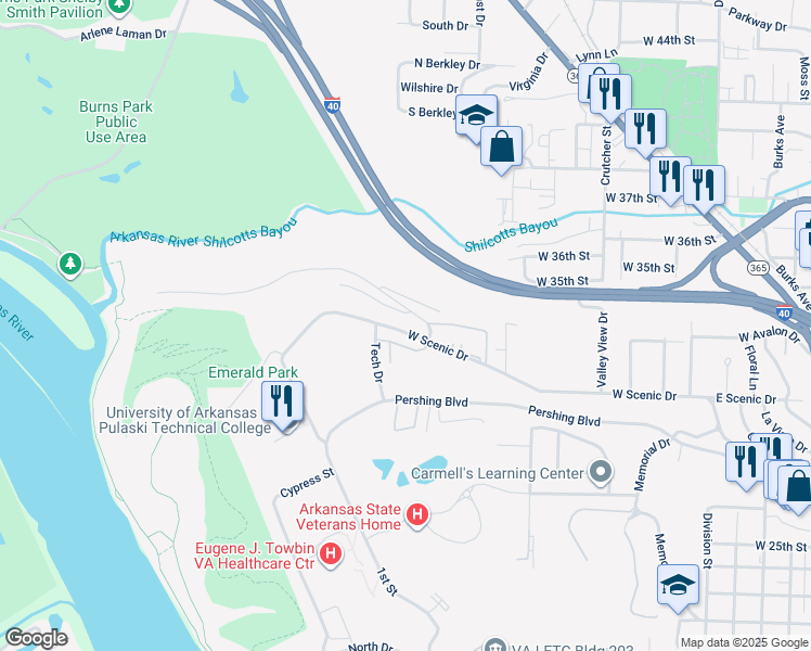 map of restaurants, bars, coffee shops, grocery stores, and more near 1003 West Scenic Drive in North Little Rock
