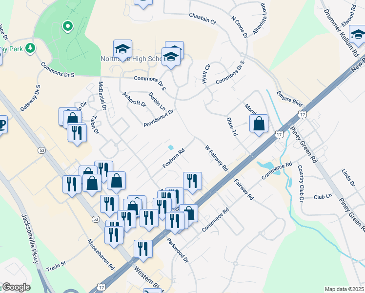 map of restaurants, bars, coffee shops, grocery stores, and more near 3041 Foxhorn Road in Jacksonville