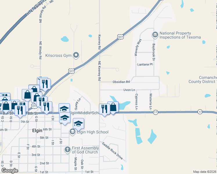 map of restaurants, bars, coffee shops, grocery stores, and more near 107 Uvon Lane in Elgin