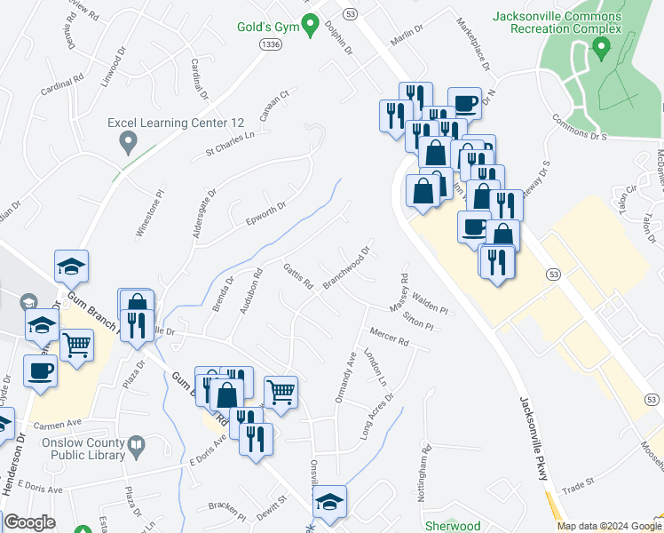 map of restaurants, bars, coffee shops, grocery stores, and more near 1102 Massey Court in Jacksonville