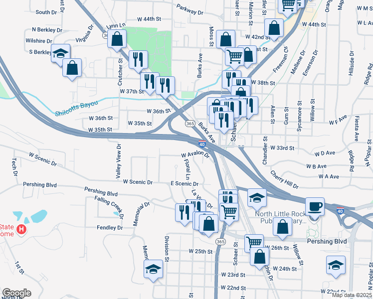 map of restaurants, bars, coffee shops, grocery stores, and more near 6 West Avalon Drive in North Little Rock