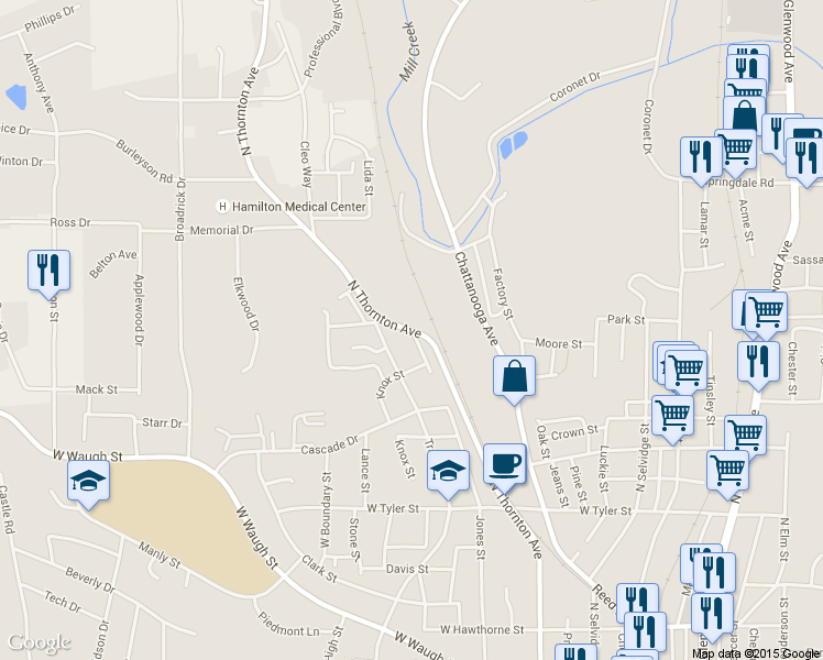 map of restaurants, bars, coffee shops, grocery stores, and more near 1470 N Thornton Ave in Dalton