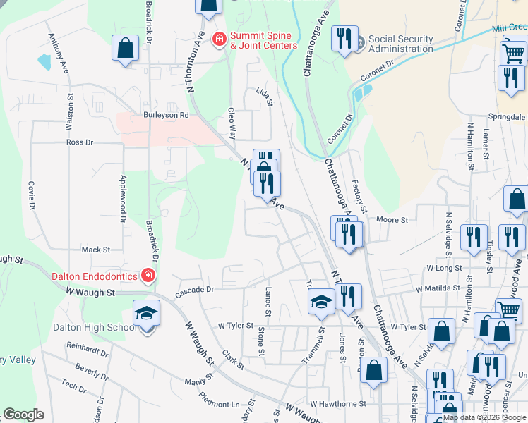 map of restaurants, bars, coffee shops, grocery stores, and more near 601 Main Street in Dalton