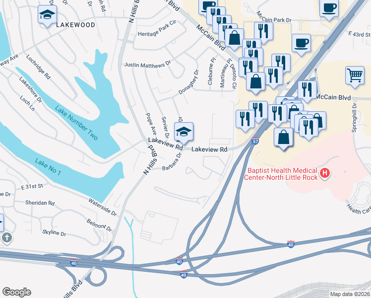 map of restaurants, bars, coffee shops, grocery stores, and more near 2611 South Hill Court in North Little Rock