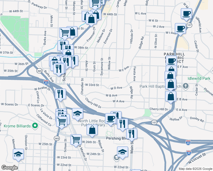 map of restaurants, bars, coffee shops, grocery stores, and more near 909 West B Avenue in North Little Rock
