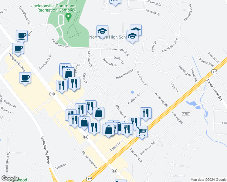 map of restaurants, bars, coffee shops, grocery stores, and more near 3009 Derby Run Road in Jacksonville