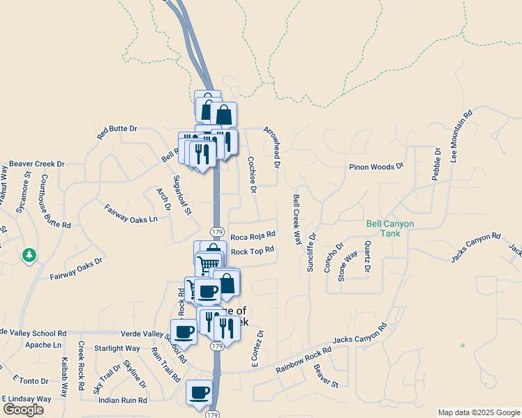 map of restaurants, bars, coffee shops, grocery stores, and more near 90 Evening Glow Place in Sedona