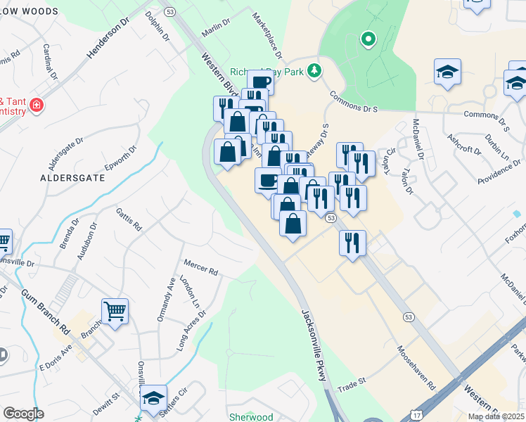 map of restaurants, bars, coffee shops, grocery stores, and more near 1395 Western Boulevard in Jacksonville