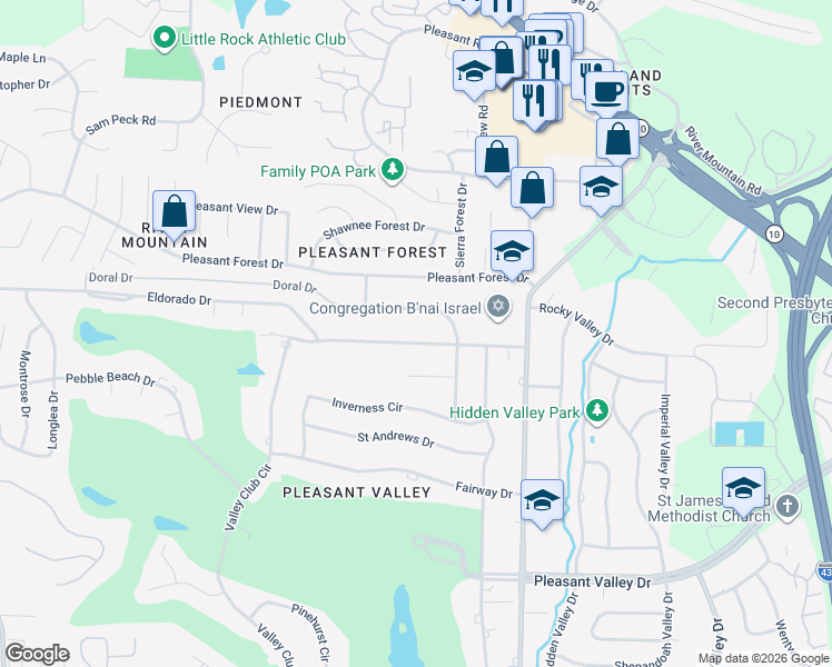 map of restaurants, bars, coffee shops, grocery stores, and more near 188 Valley Club Circle in Little Rock