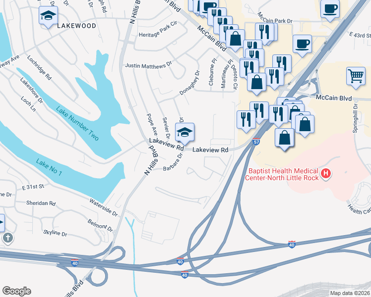 map of restaurants, bars, coffee shops, grocery stores, and more near 2300 Lakeview Road in North Little Rock