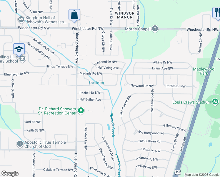 map of restaurants, bars, coffee shops, grocery stores, and more near 2412 Tuxedo Drive Northwest in Huntsville