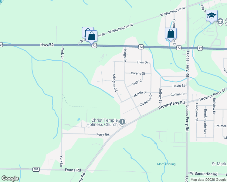 map of restaurants, bars, coffee shops, grocery stores, and more near 15575 Arlington Road in Athens