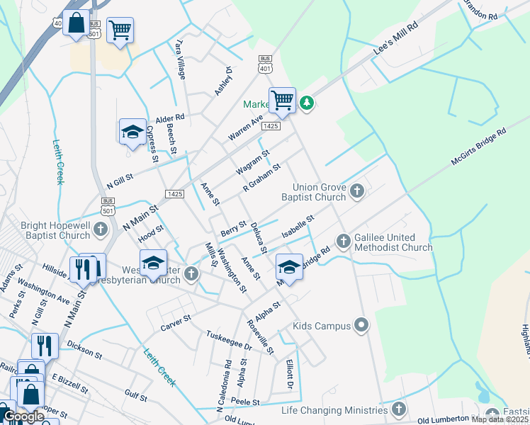 map of restaurants, bars, coffee shops, grocery stores, and more near 702 West Allen Lane in Laurinburg