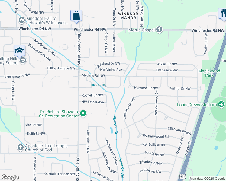map of restaurants, bars, coffee shops, grocery stores, and more near 2412 Tuxedo Drive Northwest in Huntsville